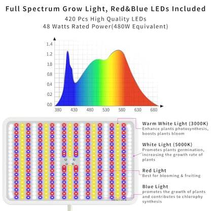 48W Grow Lights for Indoor Plants with Stand, Full Spectrum LED Plant Light for Indoor Plants,12-59 Inches Height Adjustable Growing Lamp with Auto On/Off Timer 4H/8H/12H, 4 Dimmable Brightness | 420 LEDs Full Spectrum Plants Growing Light, 12-60" Height