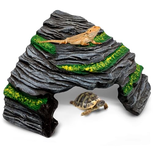 GOZILLA Reptile Hideout Cave,Turtle Tank Accessories Decor,Fish Tank Basking Platform for Bearded Dragon,Snake and Leopard Gecko.(Grey Hill-M)