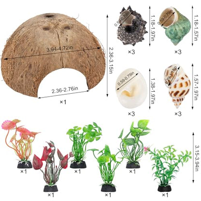 SINKOO Hermit Crab Shells Natural Coconut Shell Hut Artificial Plants 19 PCS Decoration Supplies House Tank | Coconut Shell Hut Artificial Plants Decoration Supplies House Tank