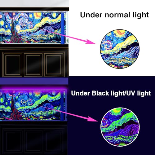 36X24IN Blacklight Vincent Van Gogh Black Light Aquarium Background, UV Fish Tank Background Art Star Oil Painting Terrarium Background with 10 EVA Double-Sided Tape - size: 36X24in/90X60cm