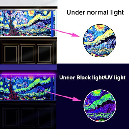 60X24IN Blacklight Vincent Van Gogh Black Light Aquarium Background, UV Fish Tank Background Art Star Oil Painting Terrarium Background with 10 EVA Double-Sided Tape - size: 60X24in/150X60cm