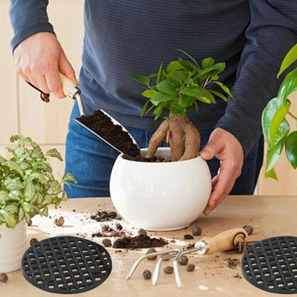 10 Pcs 4" Plant Pot Stand Outdoor, Plant Pot Elevator | 100mm, Black, Drainage Mesh Discs, Bottom Liners for Bonsai/Flower Pots, Soil Retention Grid Mats - size: 4in