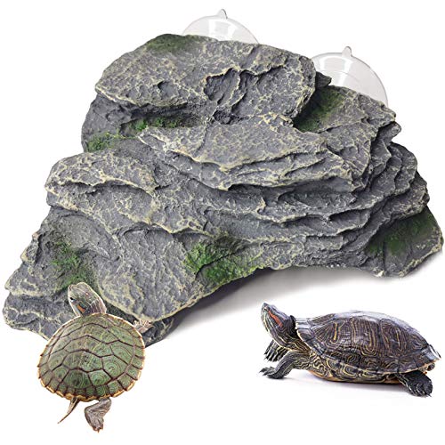 PINVNBY Turtle Basking Platform, Reptile Climbing Shale Resin Ledge Stone, Aquarium Ornament Rock Landscaping Decoration with Suction Cups for Frogs Newts Lizard (Large:7.1”Lx6.3”Wx2.7”H) - size: 7.1”Lx6.3”Wx2.7”H