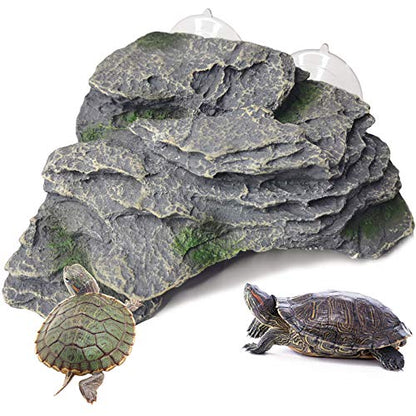 PINVNBY Turtle Basking Platform, Reptile Climbing Shale Resin Ledge Stone, Aquarium Ornament Rock Landscaping Decoration with Suction Cups for Frogs Newts Lizard (Large:7.1”Lx6.3”Wx2.7”H) - size: 7.1”Lx6.3”Wx2.7”H
