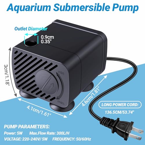 GOZILLA Mini Submersible Water Pump, Ultra Quiet Pump (5W,300L/H,79GPH) for Terrarium, Aquarium,Fish Tank,Tabletop Fountain and Pet Fountain. - color: Submersible Pump