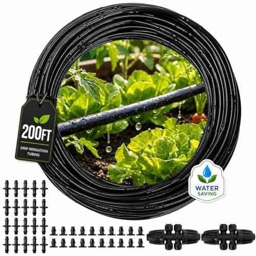 MIXC 1/4" Irrigation Dripline Tubing (200 Ft Roll), Saving 80% Water, 6" Emitter Spacing, 0.5 GPH Emitters Built-In Drip Irrigation Line with 1/4" Fittings Included, Black - size: 200FT