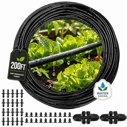 MIXC 1/4" Irrigation Dripline Tubing (200 Ft Roll), Saving 80% Water, 6" Emitter Spacing, 0.5 GPH Emitters Built-In Drip Irrigation Line with 1/4" Fittings Included, Black - size: 200FT