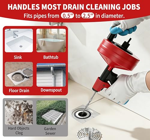 Drain Snake 35 Ft with Drill Attachment, Auto Feed 1/4 Inch Plumbing Snake for Sink, Shower & Tub Clogs, Manual or Drill-Powered Drain Auger, with Gloves, Safety Glasses & Storage Bag - color: 35FT