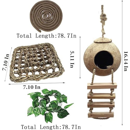 7PCS Crested Gecko Tank Accessories,Natural Leopard Gecko Coconut Hut with Ladder Plastic Leaf Platform for Reptile Wooden Bridge Lizard Hammock Hanging Plants Jungle Vines Flexible Leaves Decor - style: 【Style E】