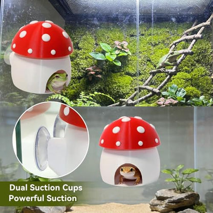 3D Red Mushroom House Reptile Hides and Caves, Reptile Hideout | Shelter for Geckos Bearded Dragons Chameleons Frogs with Dual Suction Cups for Wall or Ground