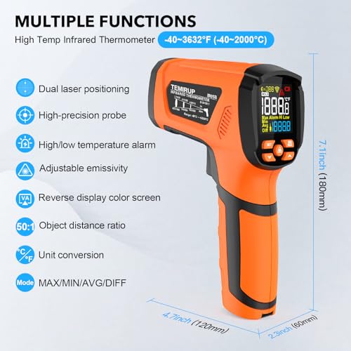 Infrared Thermometer Temperature Gun, -40℉-3632℉, High Temp Thermometer with Thermocouple Probe, Non-Contact 50:1 Pyrometer Dual Laser Thermometer Gun for Engine, Kiln, Forging, Industrial - color: Orange -40°F-3632°F (-40-2000°C)