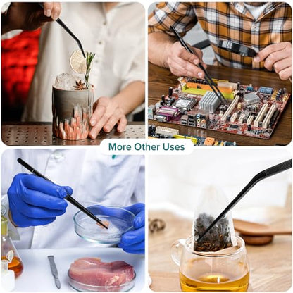 Kitchen Tweezer Tongs Set for Chef Food Plating, 6 Pcs, 8", Black | Stainless Steel, Small Chef Food Culinary Bar Thin Skinny Tweezers Tongs, Cooking Tweezers Set, For Baking Decorating Feeding - size: 8 inches