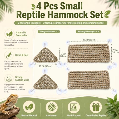Dansydaisy 4 Pcs Reptile Hammock Bearded Dragon Tank Accessories, Woven Lounger with Strong Suction Cups, 2 Rectangle (19.7" x 7.9") and 2 Triangle (7.9" x 11.0") Climbing Beds for Geckos Iguanas - size: 19.7" X 7.9"，7.9" X 11.0"
