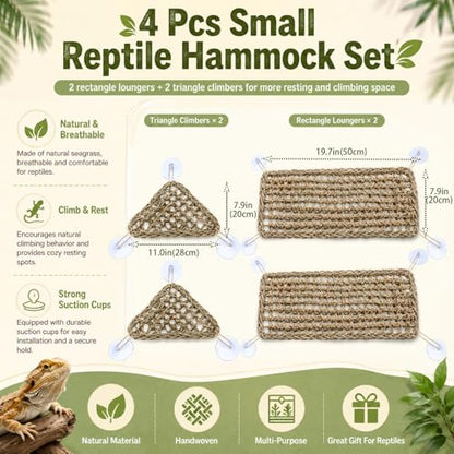 Dansydaisy 4 Pcs Reptile Hammock Bearded Dragon Tank Accessories, Woven Lounger with Strong Suction Cups, 2 Rectangle (19.7" x 7.9") and 2 Triangle (7.9" x 11.0") Climbing Beds for Geckos Iguanas - size: 19.7" X 7.9"，7.9" X 11.0"