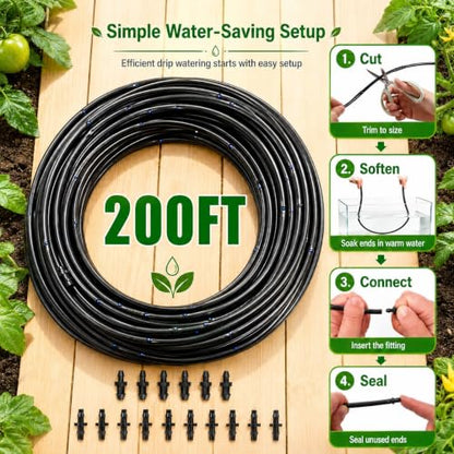 1/4 Drip Irrigation Tubing 200FT, Built-in 0.5 GPH Emitters, 6 Inch Spacing | Slow root-zone watering helps reduce runoff and waste; fittings and end plugs support larger beds, long rows and greenhouses. - size: 200FT