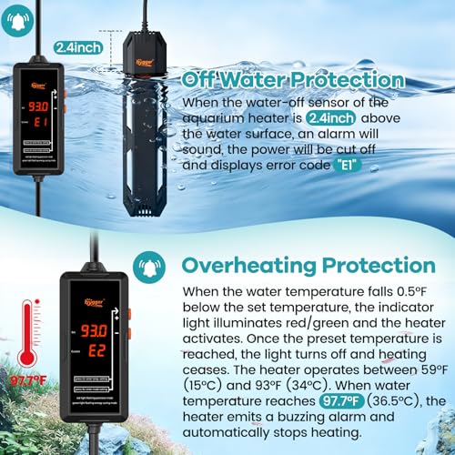 hygger Aquarium Heater, 300W/500W/800W/1000W Submersible Fish Tank Heater with Temperature Controller, Over-Temperature Off-Water Protection Alarm for Saltwater Freshwater (800W, 80-200 Gallon) - size: 800W