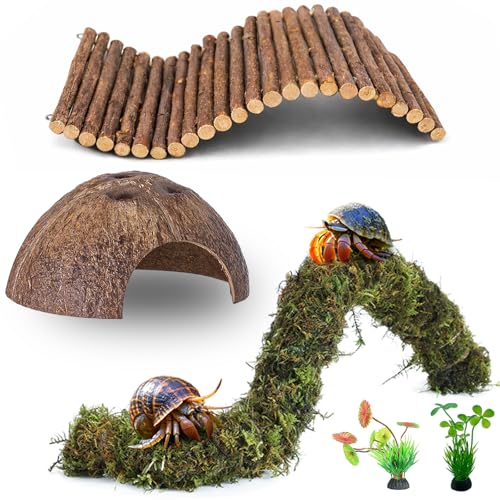 Mechpia Hermit Crab Accessories, Hermit Crab Climbing Toys Bendable Bridge Coconut Shell Hideout Hut Plants for Reptile Amphibians Supplies