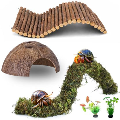 Mechpia Hermit Crab Accessories, Hermit Crab Climbing Toys Bendable Bridge Coconut Shell Hideout Hut Plants for Reptile Amphibians Supplies