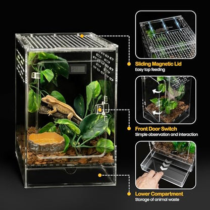 Reptile Terrarium,6" x 6" x 10" Tall PC Starter Crested Gecko Tank | Vertical Reptile Ventilation Enclosure with Accessories for Arboreal Tarantula Cribs,Tree Frog Cage,Small Reptiles Habitat - size: 6*6*10inch