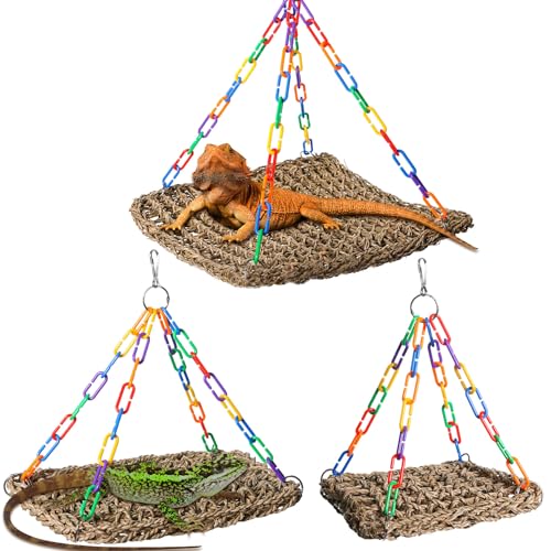 Reptile Hammock Lizard 、Parrot Basking Platform, Size L | Aquarium Grass Woven, Rainbow Chain Hammock, Bird Perch Swing Toy, Climbing Ladder for Bearded Dragon Gecko Chameleon - size: L