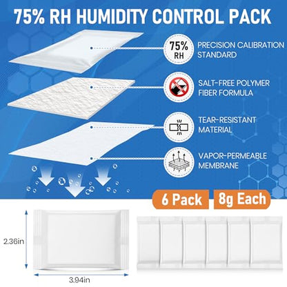 6 Pack 11.81" One-Step Calibration Kit with 75% RH Humidity Control Pack | One Step Hygrometer Calibration, True 75% RH Standard, 24 Hour Fast Testing, Large 11.81" Bag, Digital & Analog Sensor Use