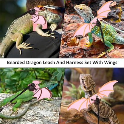 Bearded Dragon Carriers and Leather Leash with Wings,Bearded Dragon Leash Lizard Adjustable Harness,Small Pet Backpack Batwing Accessories for Outdoor Travel Walking Rest - color: Pink