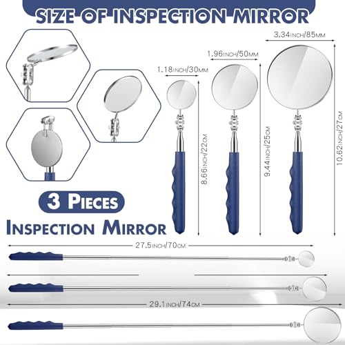 3 Pieces Telescoping Inspection Mirror Stainless Steel Mirror,Blue | Extendable Mechanic Mirrors with Long Handle Tool for Technicians Mechanics Contractors - color: Blue