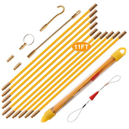 KOOTANS 11FT Fiberglass Running Electrical Wire Cable Glow Rods Wire Pulling Tools Fish Tape Cable Puller Through Wall Snake Fish Rods Kit with Different Attachments - color: 11FT