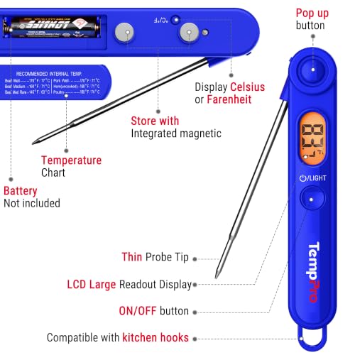 TempPro TempSwift Digital Meat Thermometer for Cooking | Instant Read Thermometer with Backlight, Kitchen Food Thermometer for Grill Smoker BBQ Oil Deep Fry Candy Bread Coffee - color: Blue