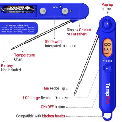 TempPro TempSwift Digital Meat Thermometer for Cooking | Instant Read Thermometer with Backlight, Kitchen Food Thermometer for Grill Smoker BBQ Oil Deep Fry Candy Bread Coffee - color: Blue