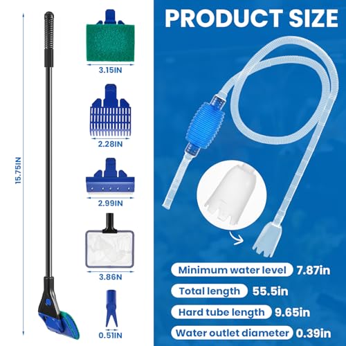 Aquarium Fish Tank Cleaning Tool Kit Include 4 Pcs Long Aquascape Tools Kit 1 Pcs Magnetic Glass Cleaner Brush 5 in 1 Fish Tank Gravel Cleaner and Siphon Vacuum for Terrarium Fish Tank Set