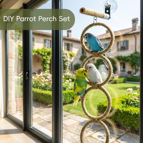 Reptile Climbing Rope Ladder with Strong Suction Cups Natural Hemp Vine Hammock & Window Bird Perch Swing for Corn Snakes, Lizards, Geckos, and Parrots - Terrarium Habitat Accessories