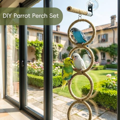 Reptile Climbing Rope Ladder with Strong Suction Cups Natural Hemp Vine Hammock & Window Bird Perch Swing for Corn Snakes, Lizards, Geckos, and Parrots - Terrarium Habitat Accessories