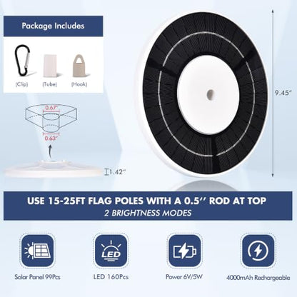 Solar Flag Pole Light, 160 LED 2000Lumens, 16 H Lighting for 15-30 Ft Poles | Solar Powered, 4000 mAh, Full Flag Coverage, IP65 Waterproof, Dusk to Dawn Auto On/Off, Multi-Angle, Rechargeable, White - color: White