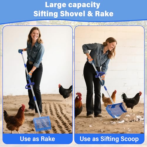 Linidcoud Chicken Poop Scooper, 10 Inch Metal Long Handle Chicken Coop Sand Pooper Scooper & Rake Adjustable Length, Durable Dog Pooper Scooper for Yard Farm Coop Accessories(Blue) - color: Blue