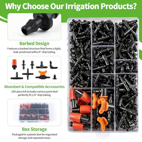 RedChili 290 Pack Drip Irrigation Fittings Kit for 1/4" Tubing, Complete Set with Barbed Connectors (Misting Nozzles, Flat Tees, Single Barbs, Valves, Couplings, Valves, Tees, Elbows, Plugs, Crosses) - size: 1/4" Connection Kit-290P