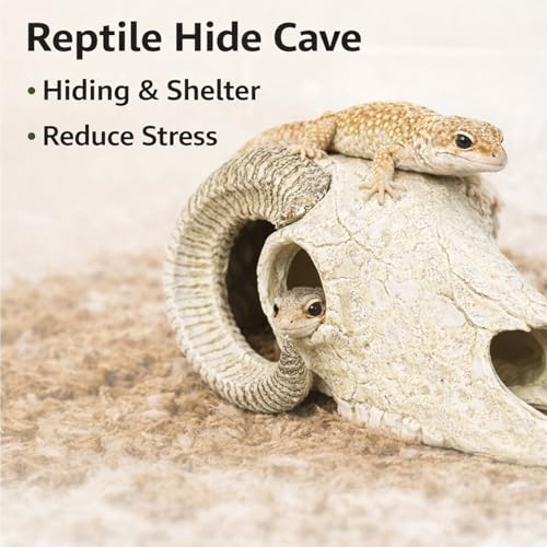 Reptile Hide Cave, Ram Skull Resin Shelter for Leopard Gecko, Lizard, Small Snake, Frog and Salamander, Terrarium Aquarium Fish Tank Decor for Small Reptiles and Amphibians