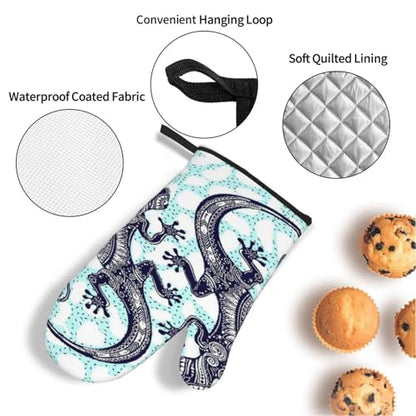 Gecko Lizard Abstract Reptile Animal 4-Piece Oven Mitts and Handle Covers Set - Heat Resistant Baking Gloves for Kitchen BBQ Grilling