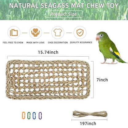 Bird Seagrass Mat 16 × 7" Parrot Natural Grass Woven Net Hammock Parakeet Climbing Rope Ladder Mat Chew Toys Cage Accessories for Pigeon Cockatiel Conure Budgie Cockatoo Rat Hamster - size: 16" × 7"