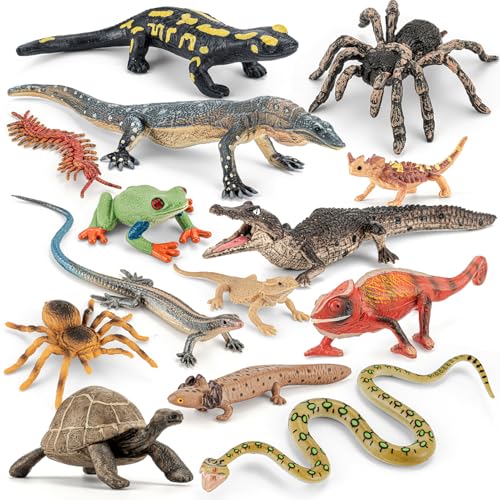 14PCS Reptile Animal Figurines Toys Amphibians Diorama Toys for Kids 3+ | Solid, Safe, Play Figure Playsets with Axolotl, Horned Lizard, Snake, Spider, Chameleon, Fire Salamander, Crocodile Figures - style: 14PCS Reptile Animals-2