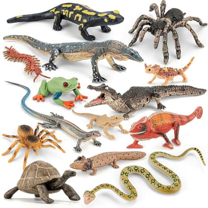 14PCS Reptile Animal Figurines Toys Amphibians Diorama Toys for Kids 3+ | Solid, Safe, Play Figure Playsets with Axolotl, Horned Lizard, Snake, Spider, Chameleon, Fire Salamander, Crocodile Figures - style: 14PCS Reptile Animals-2