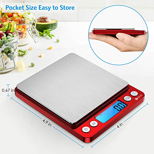 Digital Kitchen Scale, 3000g Pocket Cooking Scale with 0.1g Accuracy, Mini Food Scale, Pro Electronic Jewelry Scale with Back-Lit LCD Display, Tare & PCS Functions (Red, Batteries Included) - color: Red