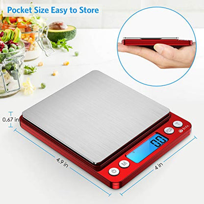 Digital Kitchen Scale, 3000g Pocket Cooking Scale with 0.1g Accuracy, Mini Food Scale, Pro Electronic Jewelry Scale with Back-Lit LCD Display, Tare & PCS Functions (Red, Batteries Included) - color: Red