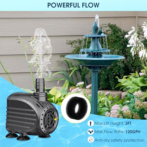Ultra Quiet Submersible Water Pump 120GPH Size 2.8Lx2.1Wx2.3H in | Water Pump with Dry Burning Protection, 5ft Cord, 3ft High Lift for Fountains, Waterfall, Hydroponics, Aquariums KF202 - size: 120GPH