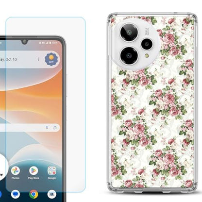 Shockproof Phone Case Compatible with Cricket Icon Pro 2026, w/Tempered Glass - Floral/Rose - color: Floral/Rose