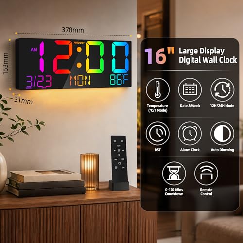 16" Large Digital Wall Clock with RGB LED Jumbo Number, Remote Control, Auto DST, Temperature,Calendar, Modern Wall Mount Digital Clock for Living Room, Classroom, Office Wall, Senior Bedroom - color: Black