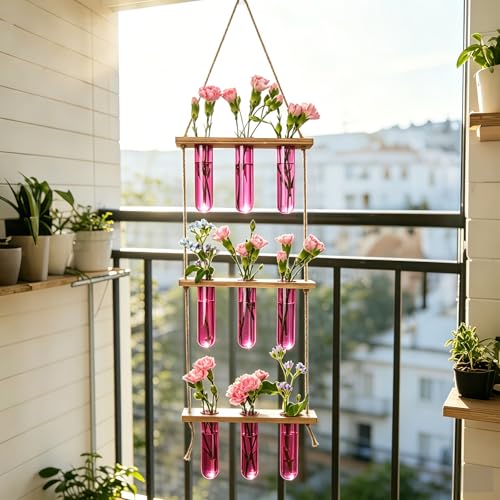 XXXFLOWER Wall Hanging Propagation Station with Wooden Stand Pink | 9 Test Tubes Vases Terrarium Kit, Hanging Planters for Indoor Plants, Wall Decor for Living Room Office - size: Pink-9 Tube Vase