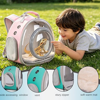 WEVONIGU Bearded Dragon Backpack Carrier with Clear Bubble Dome Window Large Space & Breathable Travel Cage with Soft Mat Airline Approved - color: Pink, size: 8.0"L x 7.0"W x 5.0"H