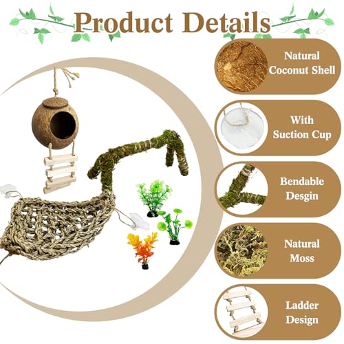6 PCS Hermit Crab Accessories Large Bendable Moss Hermit Crab Climbing Toys Coconut Shell Hut with Ladder Climbing Hammock with Suction Cup Plants for Reptile Amphibian