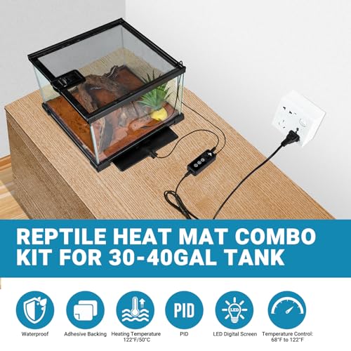 Reptile Heat Pad with Dimming Thermostat, 8" X 12" 16W Heating Pad Combo Set for 30-40 Gallon Reptile Tank, Under Tank Heater for Reptiles, Turtle, Snake, Lizard, Hermit Crab, Frogs, Seed - size: 16W